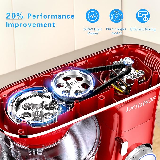 DOBBOR Electric Stand mixer, 9.5QT 660W 7 Speeds Tilt-Head Dough Mixers, Bread Mixer with Dough Hook, Whisk, Beater, Splash Guard for Baking Bread, Cake, Cookie, Pizza, Muffin, Salad and More - Red