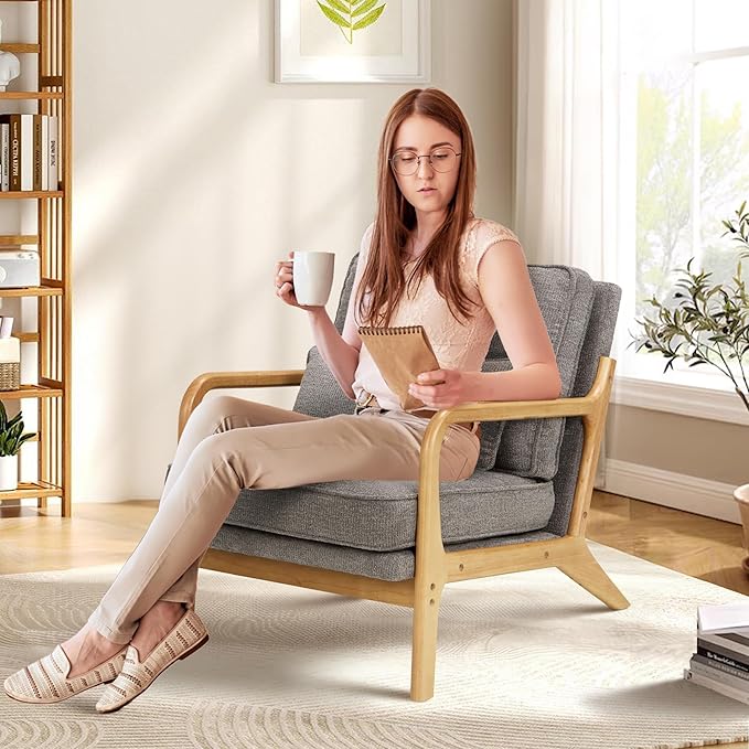 COLAMY Mid Century Modern Accent Chair Set of 2 with Lumbar Pillow, Relaxing Armchair with Solid Wood Frame & Soft Cushion, Reading Leisure Chair for Living Room,（Grey）