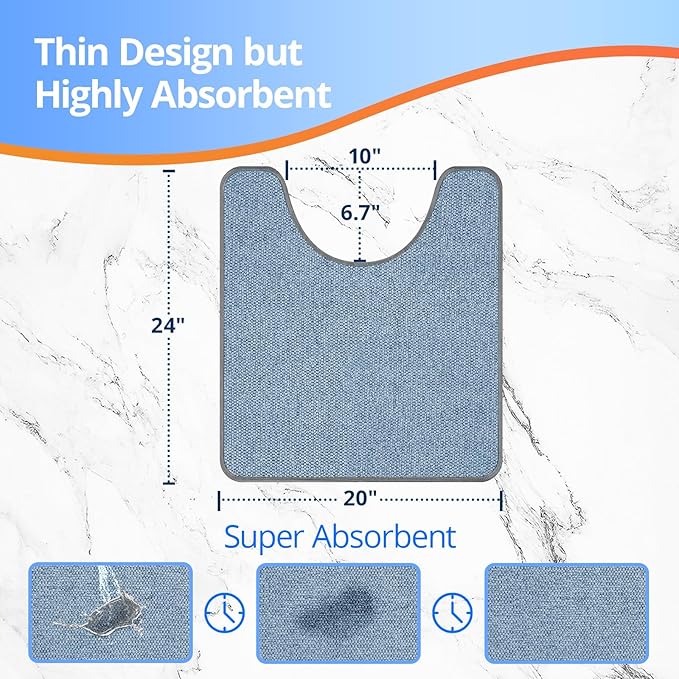 Toilet Rugs U Shaped Washable 24x20, Ultra Thin Toilet Rug Super Absorbent, Toilet Mat Rubber Backing Non-Slip, Toilet Mats Machine Washable Dry Quickly, Contour Bathroom Rugs for Toilet-Blue