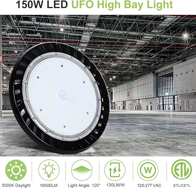 2 Pack LED High Bay Light 150W, 5000K UFO LED High Bay Light Fixture with US Plug [450W MH/HPS Equiv.] 120-277V, 19,500lm, IP65 Commercial Warehouse Area Light for Wet Location