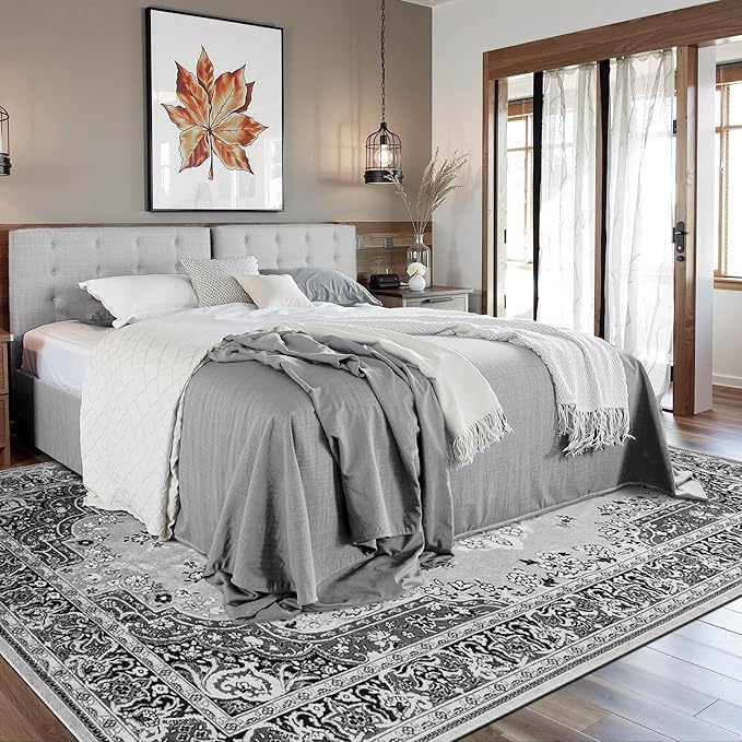 Living Room Rug 6x9 Rug, Machine Washable Area Rug Non Slip Low Pile Rug for Living Room, Bedroom, Farmhouse, Dining Room, Grey