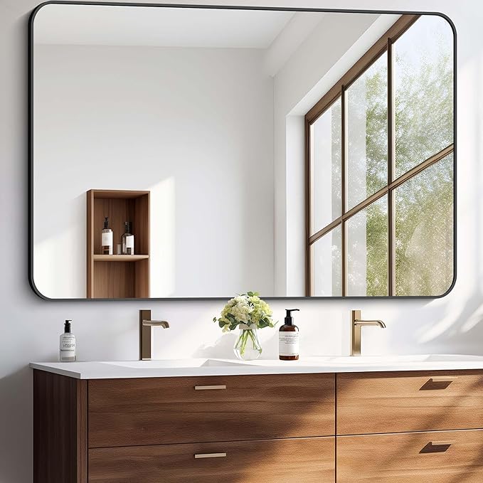 Large Bathroom Mirror, 60 x 40 inch Black Rectangle Mirror, Metal Framed Rectangular Vanity Mirror, Rounded Corner Wall Mounted Mirror for Over Sinks Bedroom Living Room Horizontal/Vertical