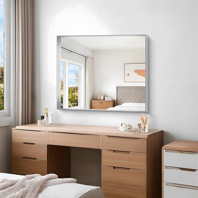 Silver Bathroom Mirror, 30x36 Inch Rectangular Framed Mirror, Large Wall Mounted Bathroom Vanity Mirror Over Sink for Bedroom,Restroom, Living Room, Hangs Vertically or Horizontally