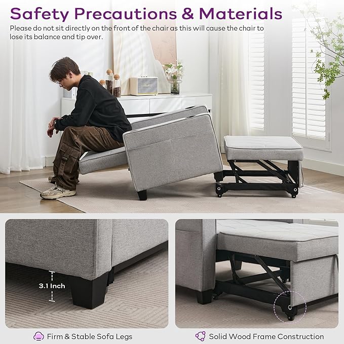 TYBOATLE Convertible Sleeper Chair Bed for Adults, 3-in-1 Pull Out Sofa Chair Bed with USB/Type-C Ports, Cup Holders, Side Pockets, Single Sofa for Living Room, Bedroom, Small Space (Grey)