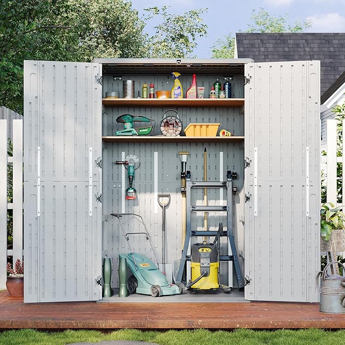 Aoxun Outdoor Storage Shed, 64 Cu.Ft Vertical Storage Sheds Outdoor with Floor, Outdoor Waterproof Storage Cabinet for Garage Storage, Pool Storage, Bike Shed, Garden Shed (White)