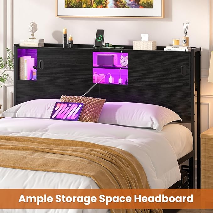 Homieasy Headboard for Queen Size Bed with Storage, Sturdy Bookcase Headboards with Outlet, USB & LED Light, Queen Size Headboard Only, Head Board with Sliding Doors & Bed Adapter for Bedroom, Black