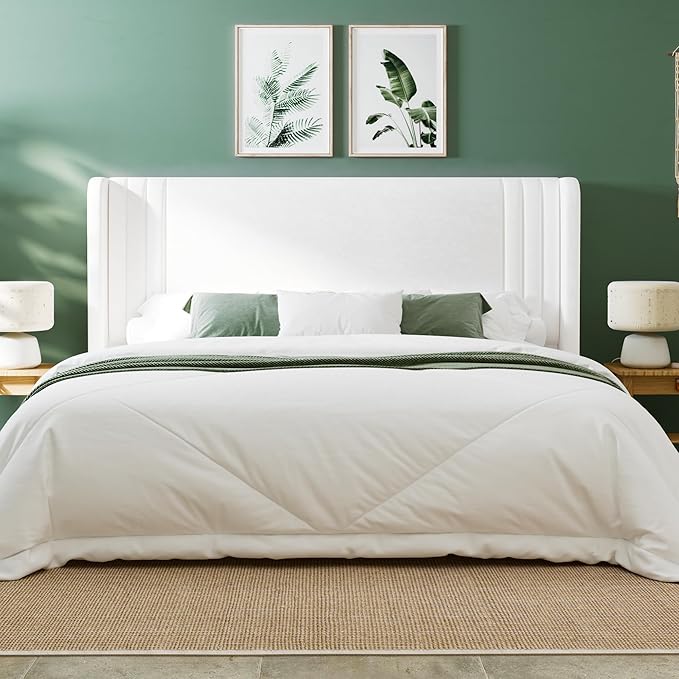 Allewie King Size Velvet Platform Bed Frame with Vertical Tufted Wingback Headboard, Easy Assembly, Under Bed Storage, No Box Spring Required, Modern Style, White