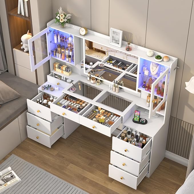 Big Vanity, Modern Wood Makeup Vanity Desk with Mirror and Sound Sync LED Lights, Large Vanity Dressing Table, 8 Drawers, 2 Glass Cabinets, with Charging Station for Girls, Women