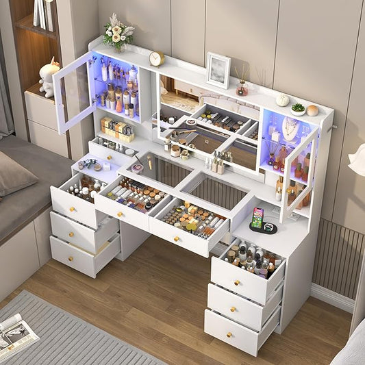 Big Vanity, Modern Wood Makeup Vanity Desk with Mirror and Sound Sync LED Lights, Large Vanity Dressing Table, 8 Drawers, 2 Glass Cabinets, with Charging Station for Girls, Women