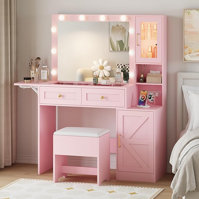 Makeup Vanity Desk with Mirror and Lights, Pink Vanity Table with LED Lighted Mirror & Power Outlet, Dressing Table with Chair, Large Storage Drawer & Cabinet, and Foldable Panel for Girls’ Bedroom