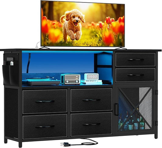 Dresser for Bedroom with LED Lights, TV Stand with Charging Station for 50 inch TV, 6 Drawers Chest with Door and Side Storage, Long Metal Dresser Table for Living Room, Black