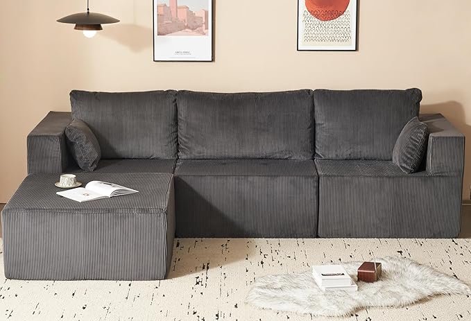 105" Cloud Sectional Sofa, L-Shape Sectional Couch, Modern Corduroy Sofa with Chaise Lounge, No-Assembly Required, Deep Seat Modular Cloud Couch for Living Room, Apartment, Gray