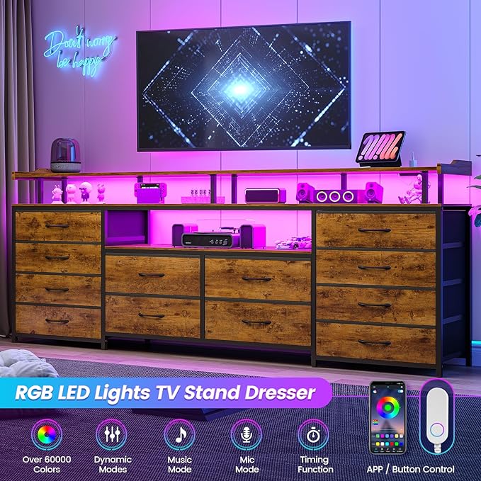 12 Drawers TV Stand Dresser for 65/70 inch TV, Entertainment Center with LED Lights & Power Outlets, 63" Large LED TV Stand, TV Console for Bedroom