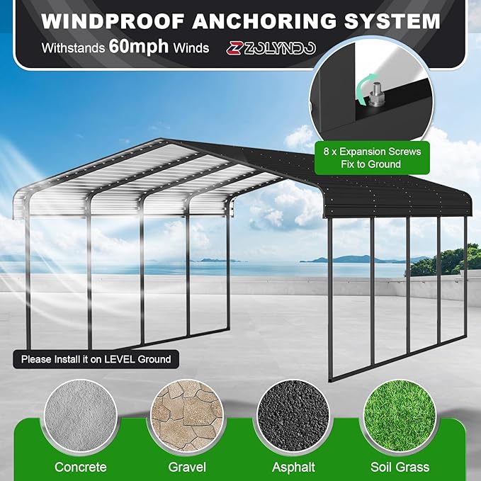 10x15FT Metal Carport Kits, Heavy Duty Car Port on Clearance with Galvanized Metal Roof, Outdoor Garage Car Shelter Shade for Car, Boats and Truck (Dark Gray)