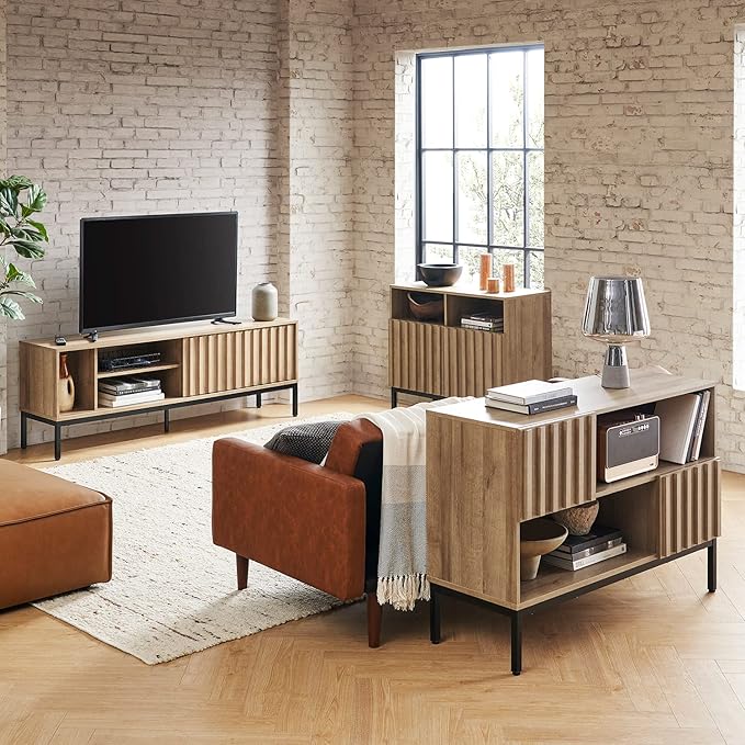 mopio Norwin TV Stand, Rustic Modern Industrial Television Stand for 60/65/70 inch TV, Fluted Entertainment Center with Storage, Wood Media Console Credenza Cabinet Table (Oak 64" TV Stand)