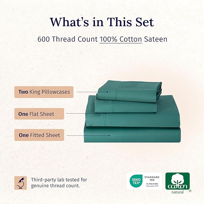 California Design Den 100% Cotton Sheets California King Size Set - Luxury 600 Thread Count Sateen, Deep Pocket Cal King Cotton Sheets Set, Hotel-Quality Bedding - Teal Sheets