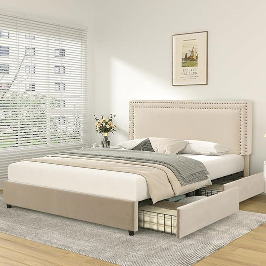 VECELO Full Size Upholstered Platform Bed Frame with 4 Storage Drawers, Adjustable Velvet Rivets Headboard, Wooden Slats Support, No Box Spring Needed, Easy Assembly