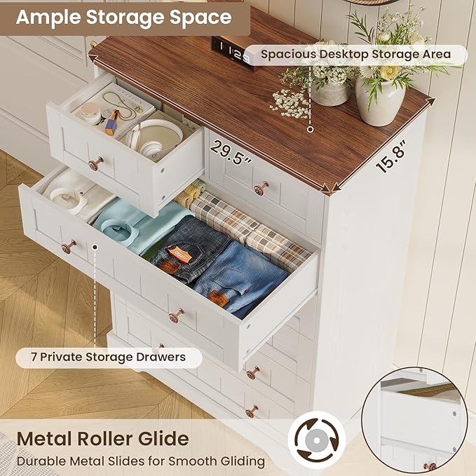 Hasuit White Dresser for Bedroom, Farmhouse 7 Drawers Dresser, 51.4"Tall Dressers Chest of Drawers with Hand Carved Panel, Large Wood Closet Storage Organizers Dressers for Bedroom Living Room Hallway