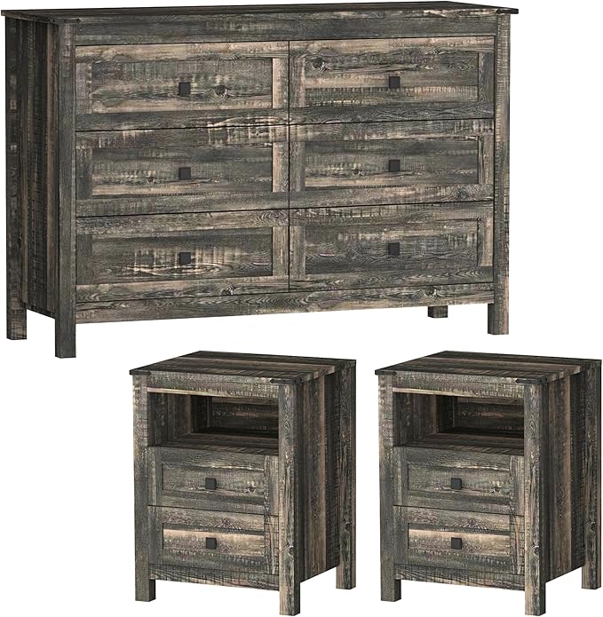 Farmhouse Bedroom Set, 3 Pieces Bedroom Furniture Set, Rustic Wood 6 Drawer Dresser and Nightstands, Chest of Drawers Wide Storage Organizer Cabinet for Bedroom