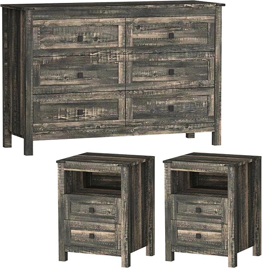 Farmhouse Bedroom Set, 3 Pieces Bedroom Furniture Set, Rustic Wood 6 Drawer Dresser and Nightstands, Chest of Drawers Wide Storage Organizer Cabinet for Bedroom