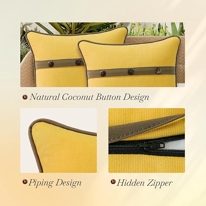 Outdoor Sunbrella Decorative Pillows with Triple Coconut Buttons Pack of 4, 18" x 18" Outdoor Pillow Set for Couch Bed Throw Patio Sofa, Spectrum Daffodil/Canvas Cocoa