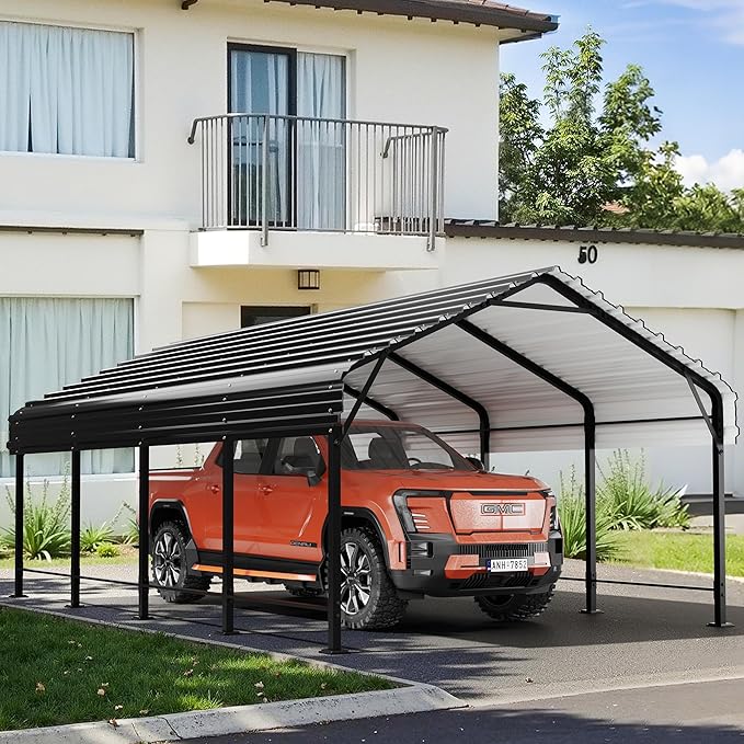 Walsunny Metal Carport 12x20 FT Heavy Duty Carport Canopy with Enhanced Base, Outdoor Car Shelter with Galvanized Steel Roof and Frame Garage for Truck, SUV, Boat, Gray