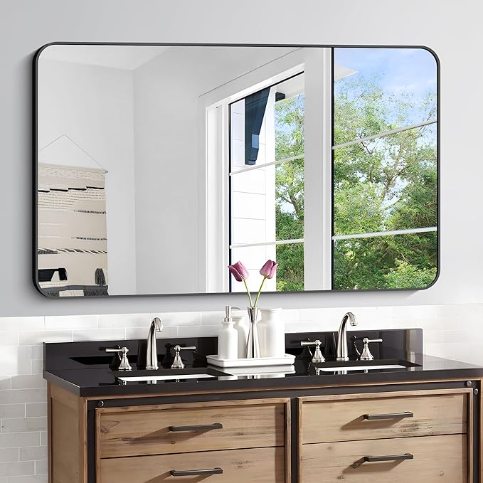 Bathroom Mirror, 30"x55" Black Rectangle Wall Mirror, Metal Frame Rounded Corner Vanity Mirror, Large Wall Mounted Mirror for Modern Bedroom Living Room Horizontal Or Vertical Mounting