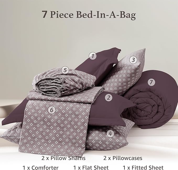Monbix King Size Comforter Set - 7 Pieces ltalian Plum Prewashed Bed in a Bag King Bedding Sets with Comforters, All Seasons Down Alternative Comforter Bed Set with Sheets,Pillowcases & Shams