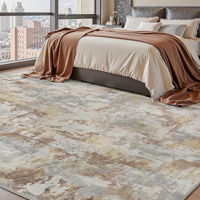 tchdio Area Rug 9x12 Rugs for Living Room- Abstract Soft Living Room Rug-Non Slip Carpet- Washable Rug for Bedroom Dining Room Home Office Modern Rugs Light Grey/Brown/Beige
