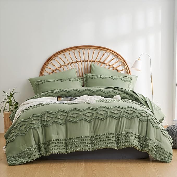 Sage Green Tufted Comforter Set King Size 7 Piece Bed in a Bag, Shabby Chic Boho Comforter and Sheet Set, Pom Pom Textured Bed Set, All Season Soft Microfiber Complete Bedding Set(Green,King)