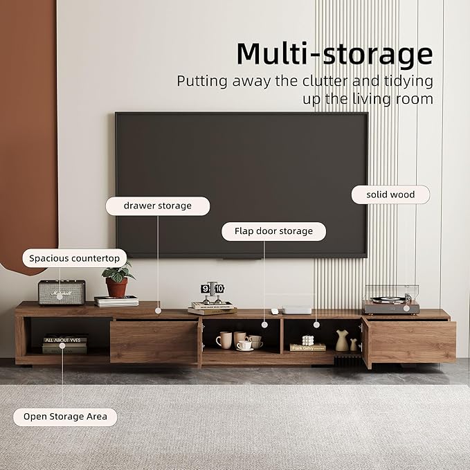 Modern Walnut TV Console for 75+ Inch Screen – Extendable Wood Media Unit (78"-103") with Grille Doors and Drawers, Great for Living Rooms & Bedrooms