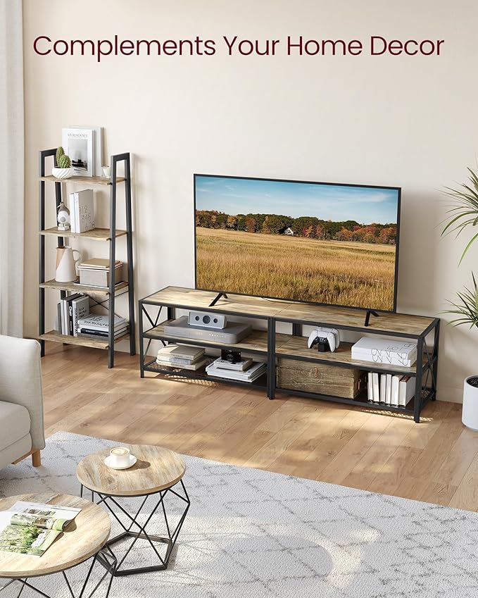 VASAGLE TV Stand, TV Console for TVs Up to 75 Inches, TV Table, 70.1 Inches Width, TV Cabinet with Storage Shelves, Steel Frame, for Living Room, Bedroom, Turquoise Brown and Black ULTV096B60