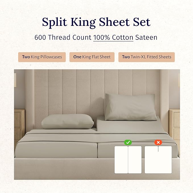 California Design Den Split King Sheet Set - 100% Cotton, 600 Thread Count, Breathable Luxury King Size Sheets for Adjustable Bed, Luxury Hotel-Quality Sheets with Soft Sateen Weave (Cool Taupe)