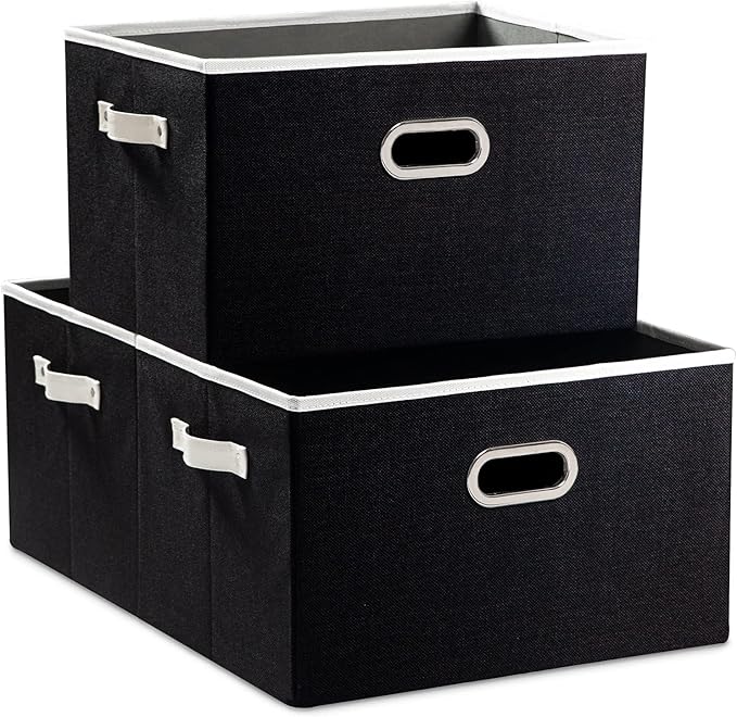 PRANDOM Larger Collapsible Storage Bins for Closet [3-Pack] Decorative Linen Fabric Storage Baskets Cubes with Leather/Metal Handles for Living Room Black (17.3x12.2x10.4 Inch)