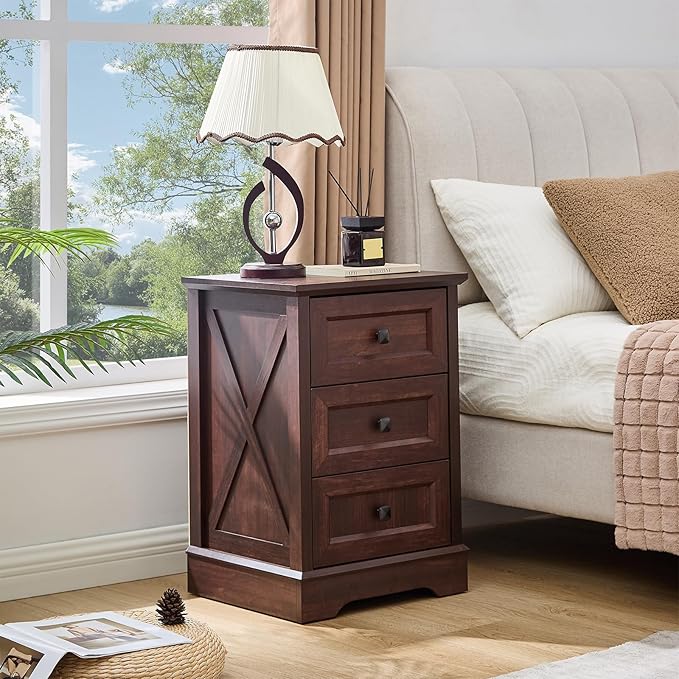 Farmhouse 3 Drawers Dresser for Bedroom, Rustic Small Chest of Drawers with Charging Station, Wood Closet Organizers, Modern Tall Nightstand/End Table for Bedroom, Living Room, Entryway, Cherry Red