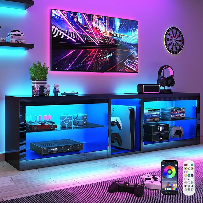 Vinctik 6&Fox 71inch Large High Gloss LED TV Stands w/Power Outlet,60,000-Colors Lighting for 70 75 80inch TV,Modern Black LED Entertainment Center w/Adjustable Glass Shelves for Living Room Gameroom