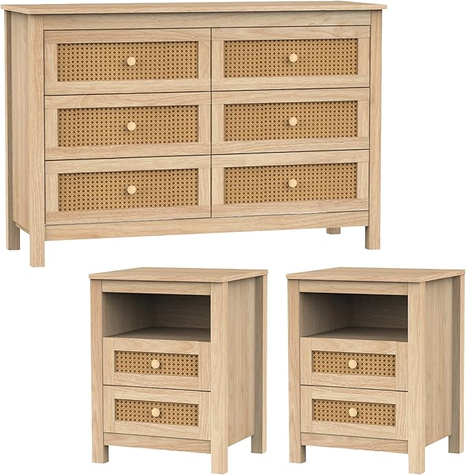 Farmhouse 6 Drawers Dresser with 2pcs Nightstands, Wood Double Dresser Chest of Drawers Wide Storage Organizer Cabinet for Bedroom, Living Room, Natural