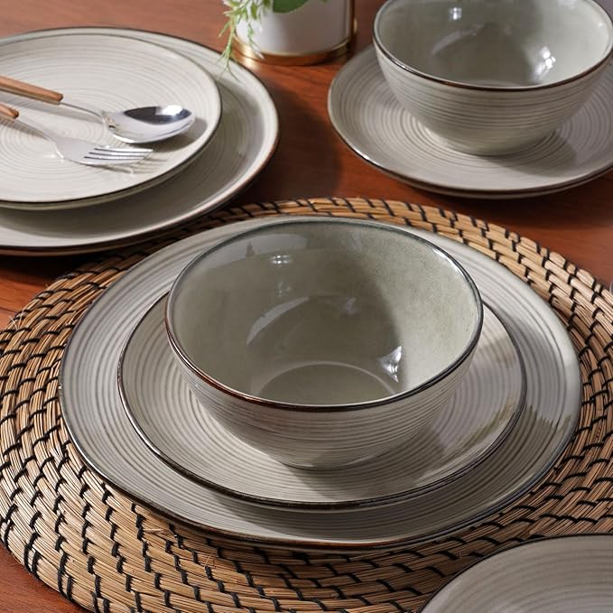 famiware Plates and Bowls Sets for 4, 12 Pieces Stoneware Dinnerware Sets, Dishes Set, Reactive Glaze Dishware Sets, Dishwasher & Microwave Safe, Tempus Series - Castle Wall