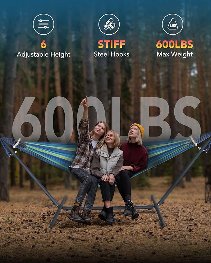 Double Hammock with Space-Saving Steel Stand, 2 Person Heavy-Duty Hammock for Garden, Yard or Outdoor, 600lbs Capacity, Wide Blue