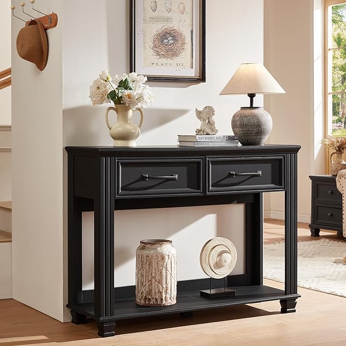 Farmhouse 46" Console Table with 2 Drawers, Rustic Wood 2 Tier Entryway Table with Open Storage Shelf for Entry, Large Mid-Century Vintage Sofa Tables Behind Couch for Living Room, Black