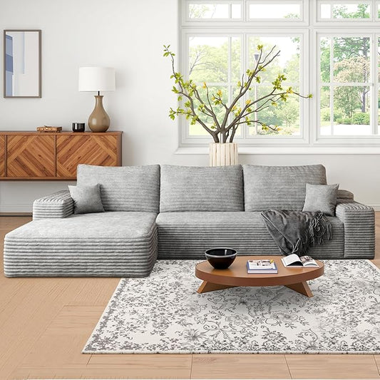 Sectional Couches for Living Room 112" L-Shape Cloud Couch Modern Modular Sectional Sofa Bad, Boneless Couch with Left Deep Seat, No Assembly Required (Plush Corduroy Fabric, Grey)