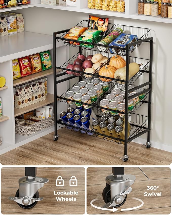 25.2''W Kitchen Storage Cart, Rolling Snack Cart, 4 Tier Fruit Basket Stand, Metal Pantry Storage with 8 Stackable Wire Baskets, Black
