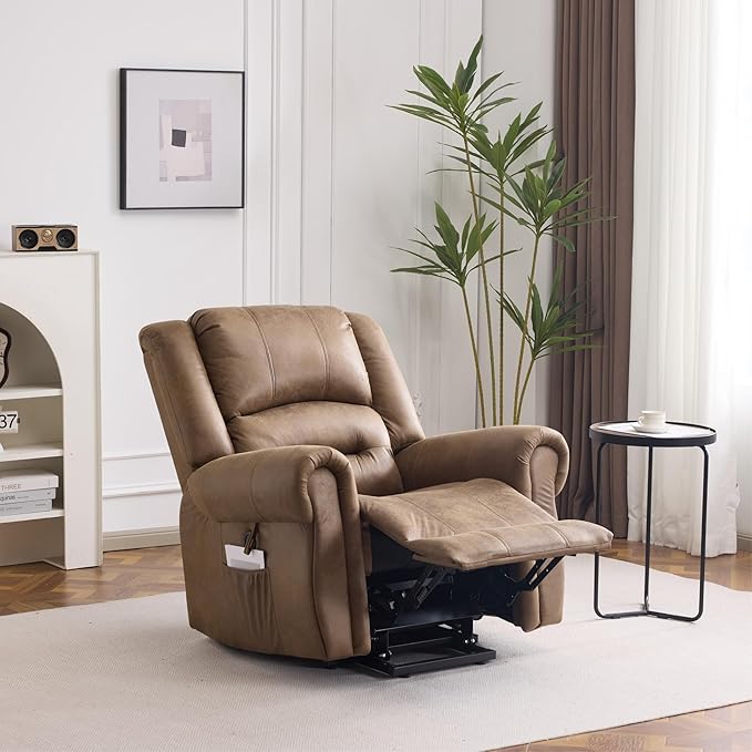 FLEXISPOT Power Lift Recliner Chair for Elderly with Massage & Heat, Faux Leather Electric Reclining Chair for Seniors with USB Ports, Cup Holders & Side Pockets(Medium Size,Light Brown