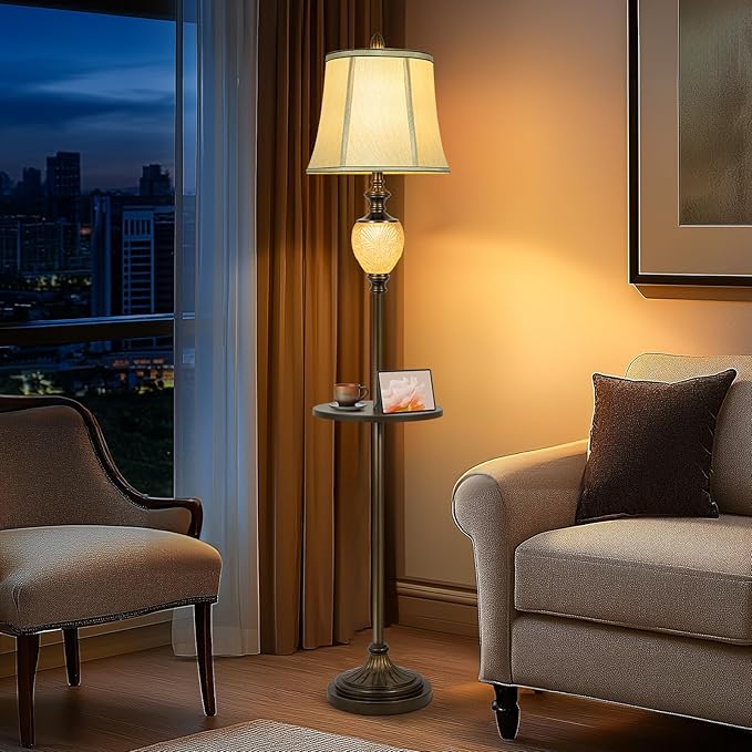 64" Vintage Floor Lamp for Living Room with Tray and Nightlight Farmhouse Tall Standing Lamp with Beige Faux Silk Shade Rustic Reading Lamp Decor for Bedroom Home Office Hotel Bar (Bulb Included)