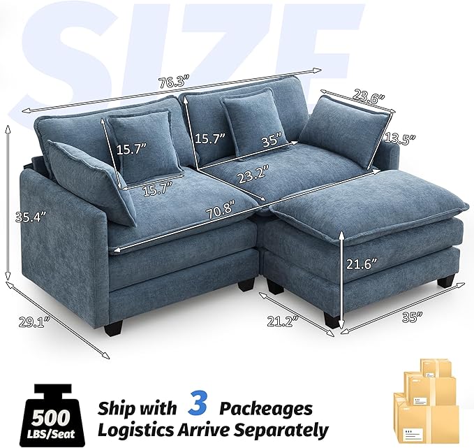 76'' Cloud Deep Seat Loveseat Sofa, Upholstered Chenille Modular 3-Seats Sectional Sofa Couch with Movable Ottoman, Modern Comfy Settee Loveseat for Living Room Set, Small Apartment, Blue