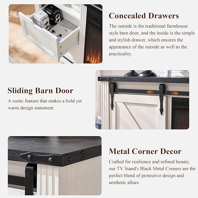 Farmhouse Fireplace TV Stand for 75,80 Inch TV, 32" Tall Entertainment Center w/4 Drawers & Sliding Barn Door, 70-Inch Highboy Media Console for Living Room, Off White