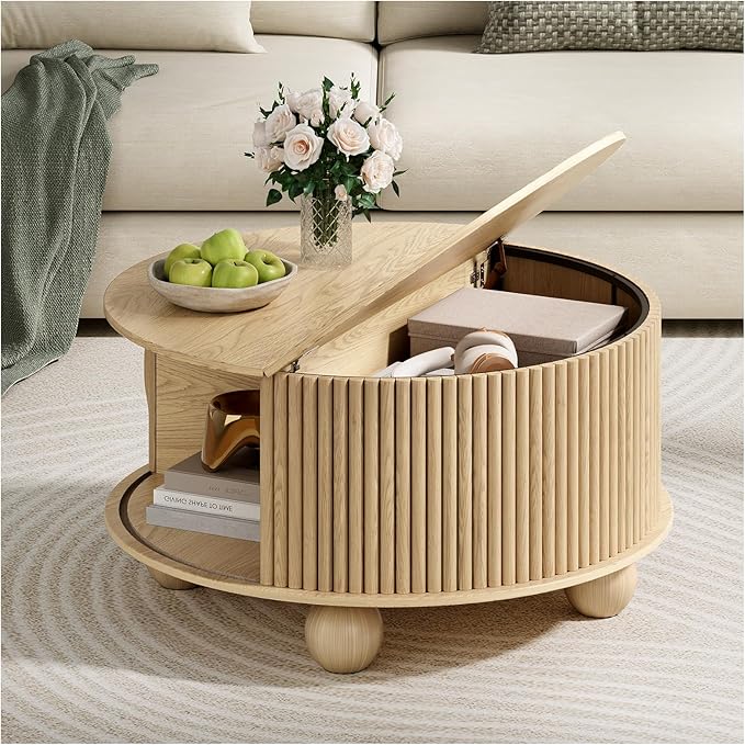 Round Coffee Table with Storage,31.5" Mid Century Modern Coffee Table with Bun Feet,Fluted Center Table for Living Room,Home Small Space,Oak