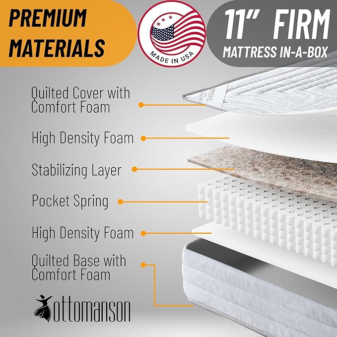Ottomanson King 11" Safari Firm Hybrid Mattress - Made in USA - Unyielding Support & Durability - Individually Pocketed Coils & CertiPUR-US Foam - Fiberglass-Free - Bed in a Box