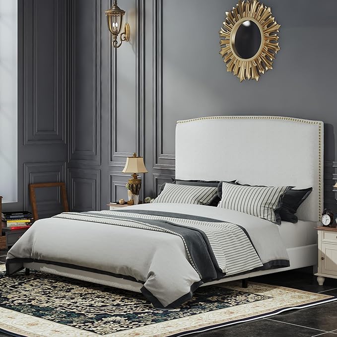 Queen Size Bed Frame with Headboard, 56" Upholstered Platform Bed with Nailhead Trim, Soft Boucle Fabric, No Box Spring Needed, Easy Assembly, White