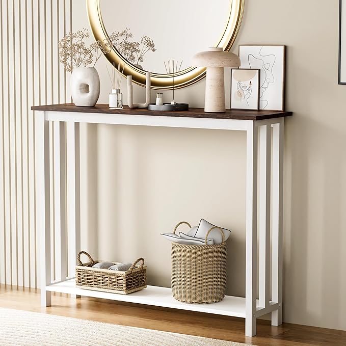 Farmhouse Solid Wood Console Table, 2 Tier Entryway Table with Storage Shelves, Narrow Sofa Table for Living Room, Hallway, Foyer, Entryway, Rustic White
